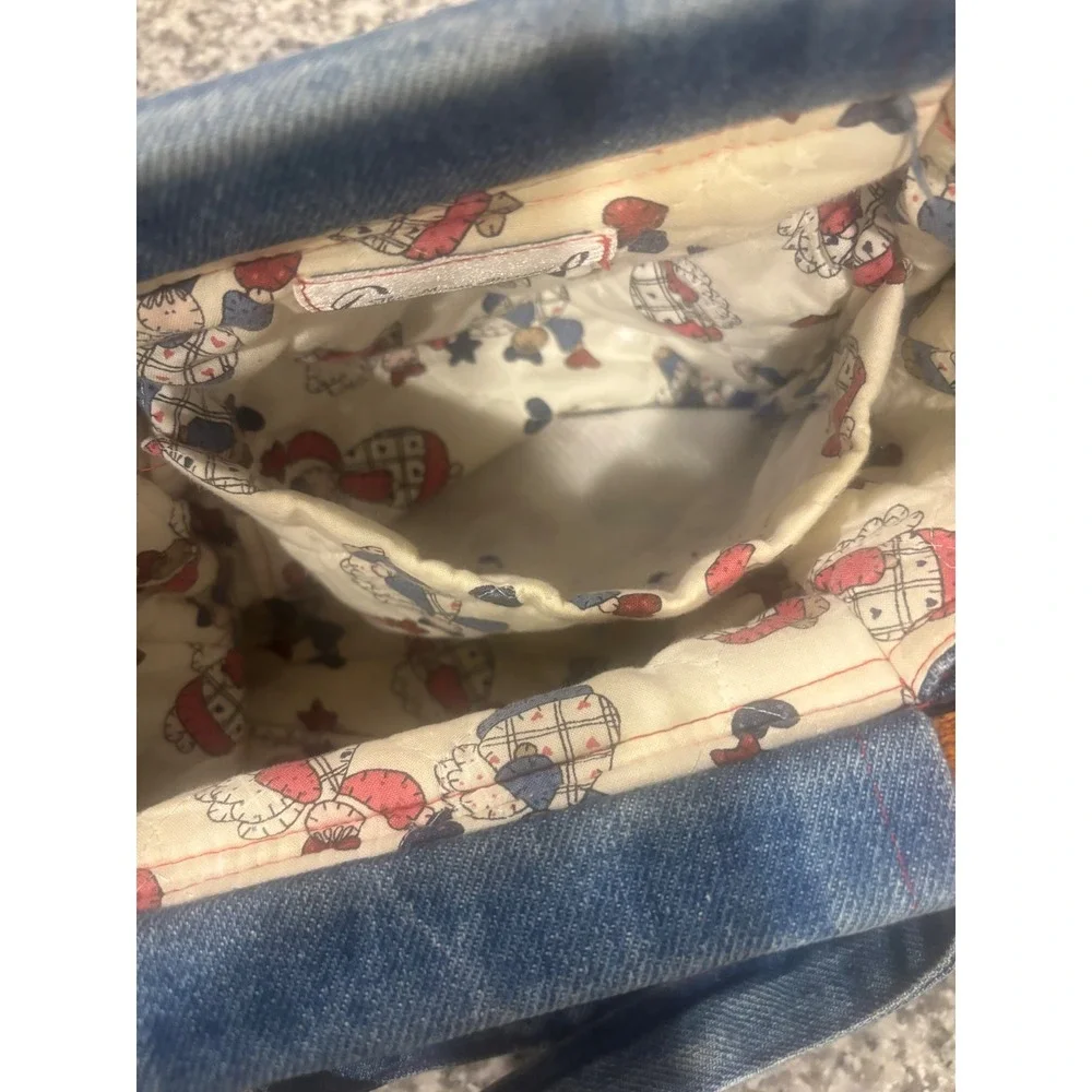 The Mouse Housery Vintage Denim Handbag Wood Handle Quilted Angel Lining Blue
